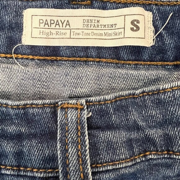 PAPAYA Jean‎ Mini Skirt S Two Toned High Rise Blue Raw Hem Denim Size Small - Picture 7 of 8